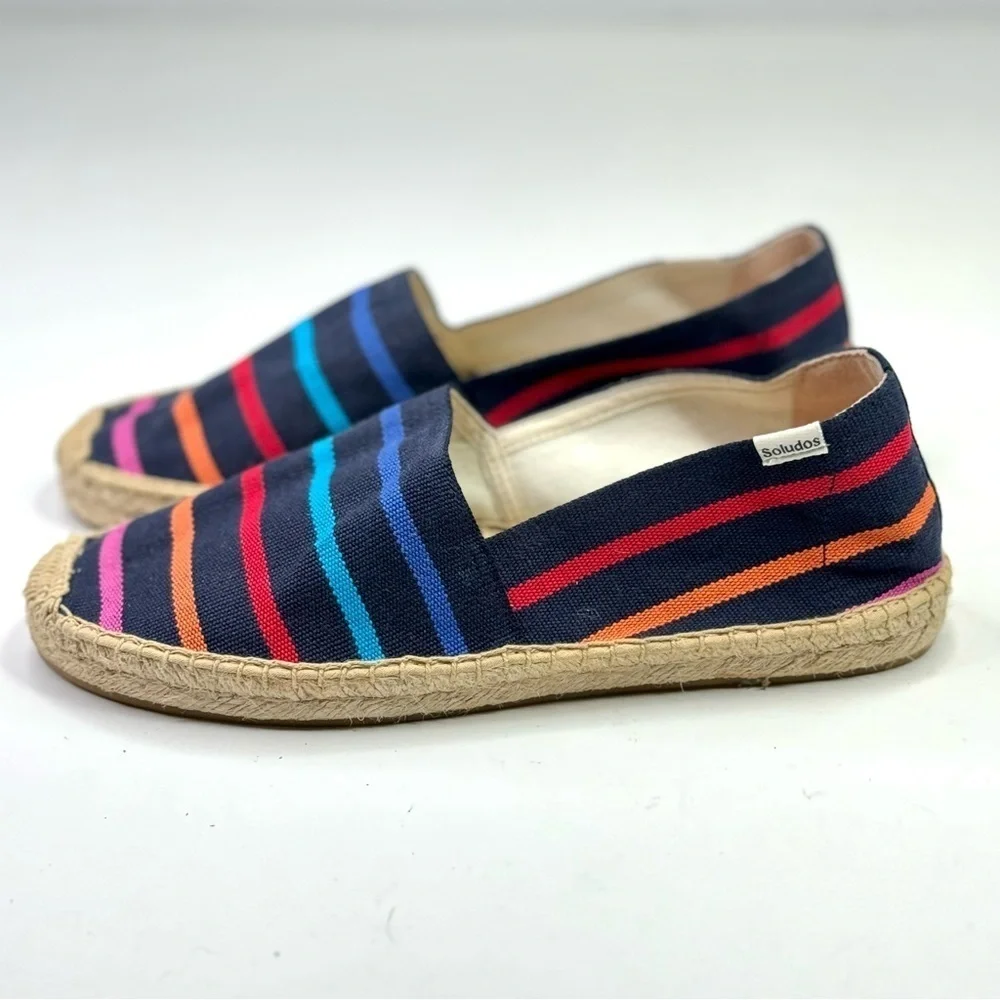 Soludos The Dali rainbow striped espadrilles navy background recycled cotton 9